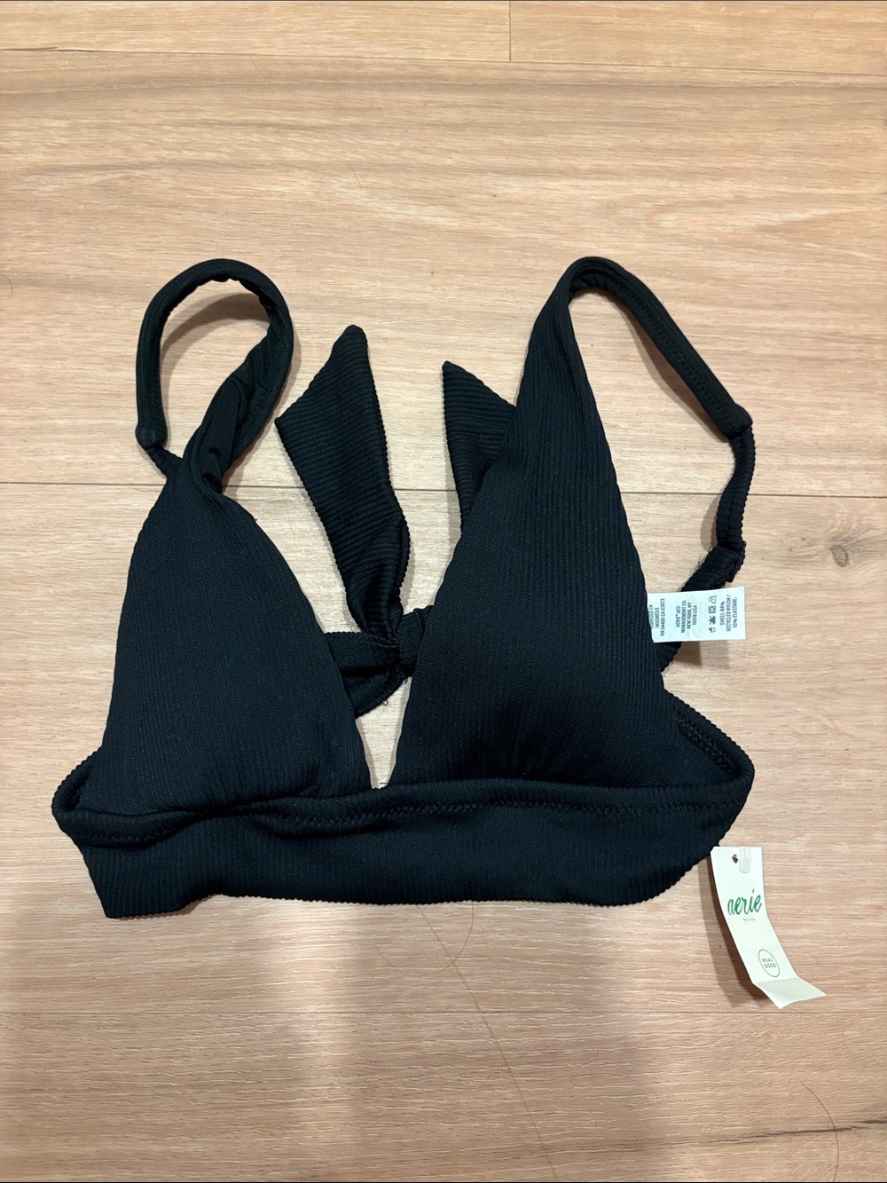 aerie Black Ribbed Tie-Front Triangle Swim Top